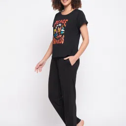 Clovia Black Cotton Printed T-Shirt With Pyjamas image 3