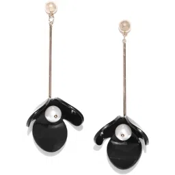 Priyaasi Gold-Plated Pearl Embellished Floral Patterned Black Color Dangler Earrings image 3