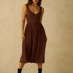 VIRGIO Brown Viscose Solid Sleeveless Dress-picture-22