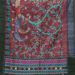 Unnati Silks Maroon & Green Silk Printed Saree With Unstitched Blouse image 3