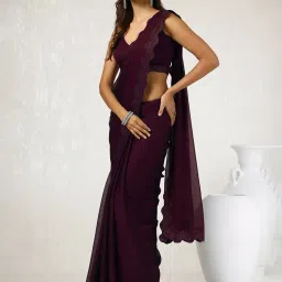 Soch Wine Chiffon Self Design Saree with Unstitched Blouse image 3