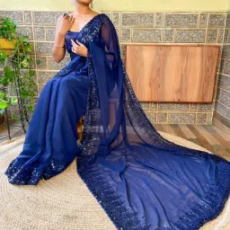 Saree Mall Blue Embellished Saree With Unstitched Blouse image 3