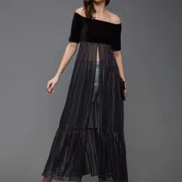 Miss Chase Black Striped Off Shoulder Half Sleeves Georgette Bardot Maxi Length Top image 3