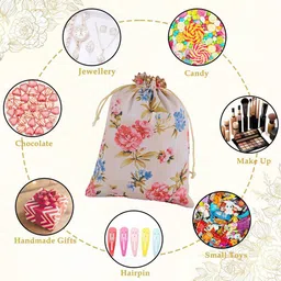 Kuber Industries 6 Pcs Silk Drawstring Digital Flower Print Potli Clutch Cream image 5