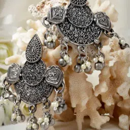 Moedbuille Ghungroo and Pearls Tribal Tasselled Design Oxidised Silver Plated Handcrafted Earrings-image-50