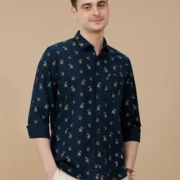 CAVALLO by Linen Club Navy Blue Linen Blend Slim fit Print casual shirts-picture-35