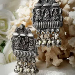 Moedbuille Ghungroo and Pearls Tasselled Design Oxidised Silver Plated Handcrafted Antique Earrings-image-25