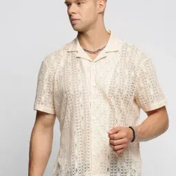 SHOWOFF Cream Cotton Regular Fit Self Pattern Shirt-image-13