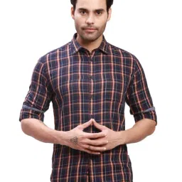 Parx Blue Cotton Slim Fit Checks Shirt-image-3