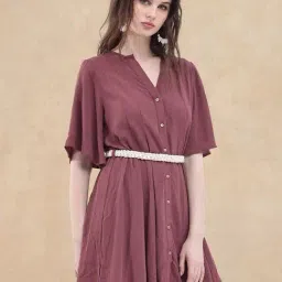 RAREISM Maroon Rayon Solid Short Sleeves Dress-image-37