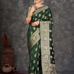 Satrani Dark Green Woven Saree With Unstitched Blouse-image-0