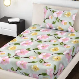 FABINALIV Green Floral 300 TC Single Bedsheet with 1 Pillow Covers-picture-32
