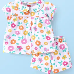 Babyhug Cotton Knit Single Jersey Half Sleeves Night Suit With Floral Print - White-picture-28