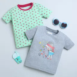 BUMZEE Pack Of 2 Strawberry & Girl Printed Tees - Grey & Green-image-1