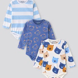 Bonfino 100% Cotton Knit Full Sleeves Striped & Bear Printed Onesies Pack Of 3 - Navy Blue & White-picture-37