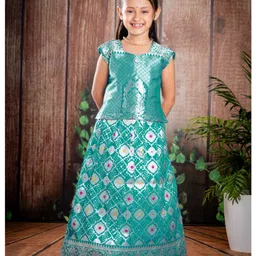 Bhartiya Paridhan Silk Woven Sleeveless Foil Printed Choli Lehenga Set - Turquoise-picture-12