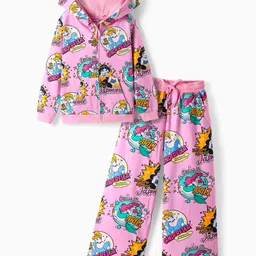 ollington st. disney Olington St.Disney Single Jersey Knit Full Sleeves Hooded Sweatshirt & Wide Leg Pant Set With Disney Princess Print - Pink image 1