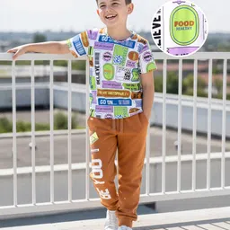 OLLINGTON ST. Cotton Half Sleeves Text Printed T-Shirt & Knit Joggers Set - Multicolor & Light Brown-picture-24