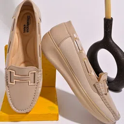 Shoetopia Metal Applique Detailed Slip On Loafers - Beige-picture-27