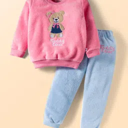 BUMZEE Knit Full Sleeves Winter Wear Bear Embroidered Sweatshirt & Jogger Set - Pink & Sky Blue-image-89