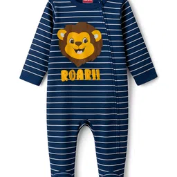 Babyhug Cotton Knit Full Sleeves Footed Sleepsuit With Stripes & Animal Print - Navy Blue-picture-26