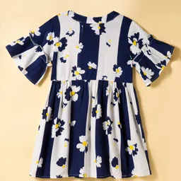 kookie kids india Kookie Kids Cotton Woven Three Fourth Sleeves Front Open Frock with Stripes & Floral Print - Navy Blue & White image 2