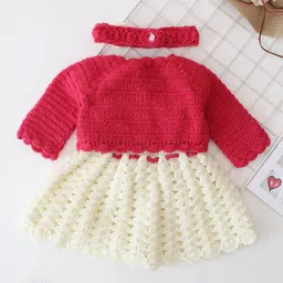 Woonie Crochet Floral Applique Detailed Handmade Dress With Full Sleeves Shrug & Headband - Pink image 4