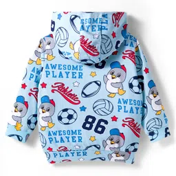 Babyhug Terry Knit Full Sleeves Hooded T-Shirt & Denim Jeans with Kangaroo Pocket & Sport Theme Print - Blue image 3