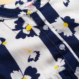 kookie kids india Kookie Kids Cotton Woven Three Fourth Sleeves Front Open Frock with Stripes & Floral Print - Navy Blue & White image 3