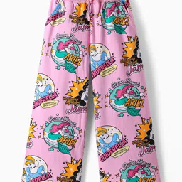 ollington st. disney Olington St.Disney Single Jersey Knit Full Sleeves Hooded Sweatshirt & Wide Leg Pant Set With Disney Princess Print - Pink image 4