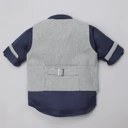 Rikidoos Full Sleeves Striped 3 Piece Coordinating Party Suit Set With Bow & Cap - Light Grey & Navy Blue image 4