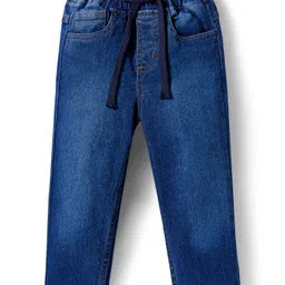 Babyhug Terry Knit Full Sleeves Hooded T-Shirt & Denim Jeans with Kangaroo Pocket & Sport Theme Print - Blue image 4