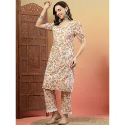 Anouk Women Floral Printed Regular Pure Cotton Kurta with Trousers image 2