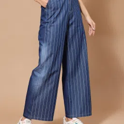 KASSUALLY Blue & White Cotton Striped High Rise Jeans image 3