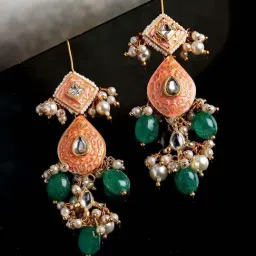 Dugran By Dugristyle Peach & Green Dangler Earrings with Kundan & Pearls for Women-picture-32