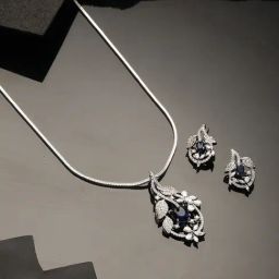 Saraf RS Jewellery Silver Plated Blue AD Studded Floral Designer Pendant & Earrings Set-picture-4