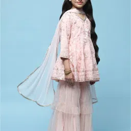 BIBA Girls Light Pink Embroidered Kurta, Gharara with Dupatta image 3