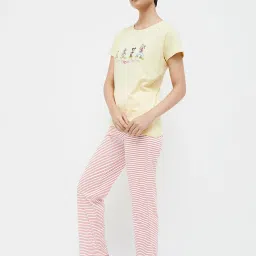 Ginger by Lifestyle Yellow & Pink Cotton Printed T-Shirt Pyjama Set image 3