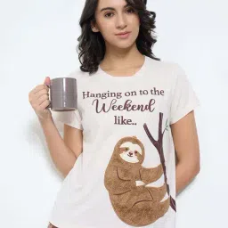 Dreamz By Pantaloons Beige Comfort Fit Printed Sleepwear T-Shirt image 4
