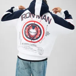 The Souled Store White & Blue Loose Fit Printed Hooded Sweatshirt image 3