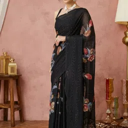 Satrani Black Georgette Embellished Saree With Unstitched Blouse image 3