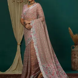 Satrani Beige Cotton Blend Floral Saree With Unstitched Blouse image 3