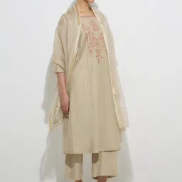 Vark by Westside Beige Cotton-Blend Kurta, Palazzos, and Dupatta Set image 3