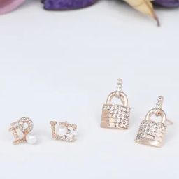 Zaveri Pearls Set of 2 Rose Gold Contemporary Cubic Zirconia Brass Stud Earrings - ZPFK11167-picture-1