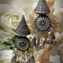 Moedbuille Pearls and Beads Antique Tasselled Design Oxidised Silver Plated Tribal Earrings-image-0