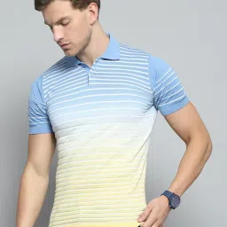 Monte Carlo Yellow & Blue Cotton Regular Fit Striped Polo T-Shirt image 3