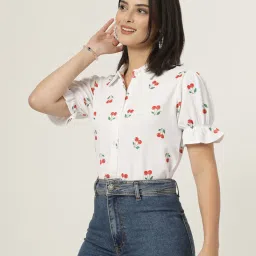 Style Quotient Women Texture White & Red Cherry Print Polyknit Shirt image 3
