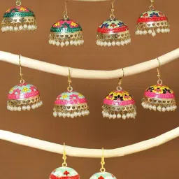 Oomph Green, Pink & Yellow Floral Meenakari Ethnic Jhumki Earrings - Set of 5-image-14
