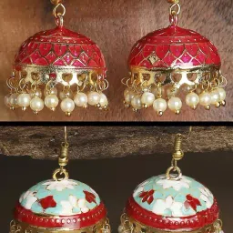 Oomph Pink Red & Mint Green Meenakari Enamel Minimal Floral Jhumki Earrings - Set of 2-image-50