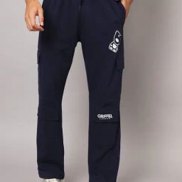 GRIFFEL Navy Relaxed Fit Printed Bell Bottom Trackpants-picture-22